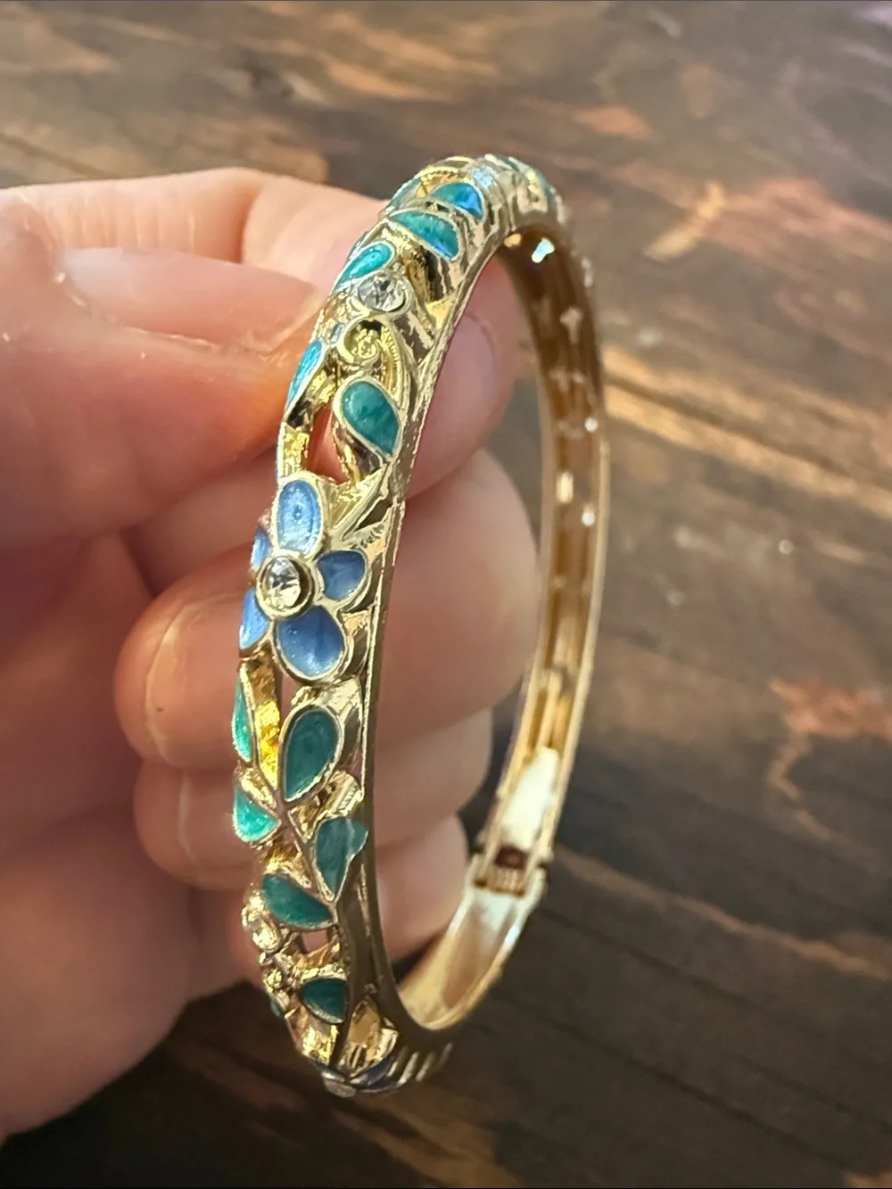 Gold Plated Blue Floral Enamel Bangle Bracelet Rhinestones